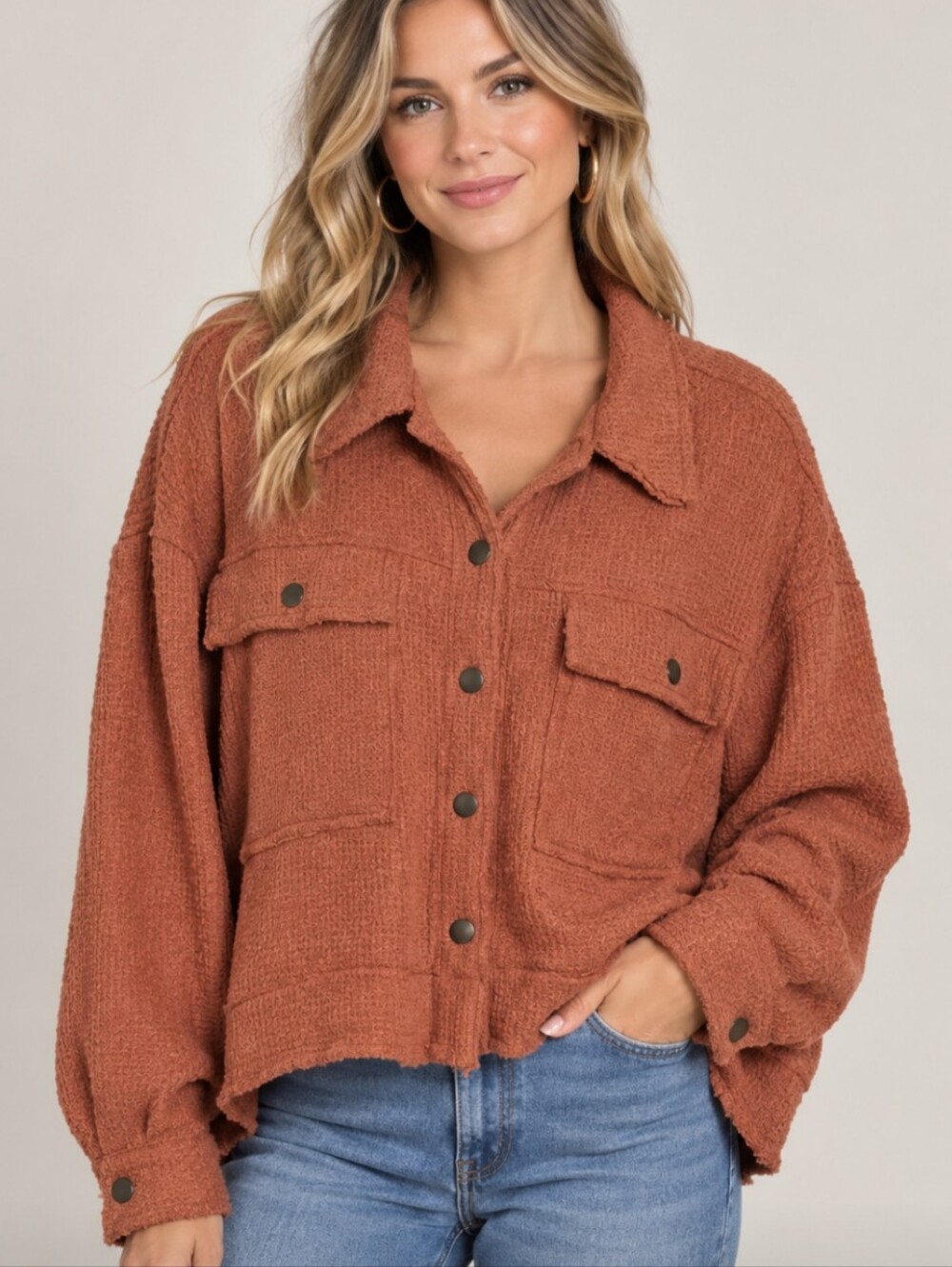 POL Button Down Waffle Knit Boho Cropped Slouchy Sweater Jacket Oversized Small